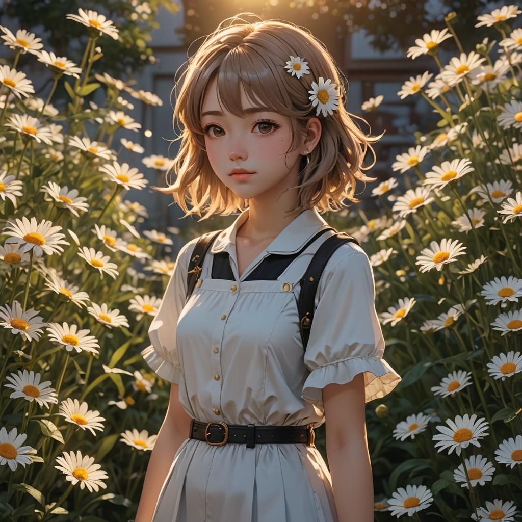 Girl with Daisy Hair: Detailed 3D Anime Art
