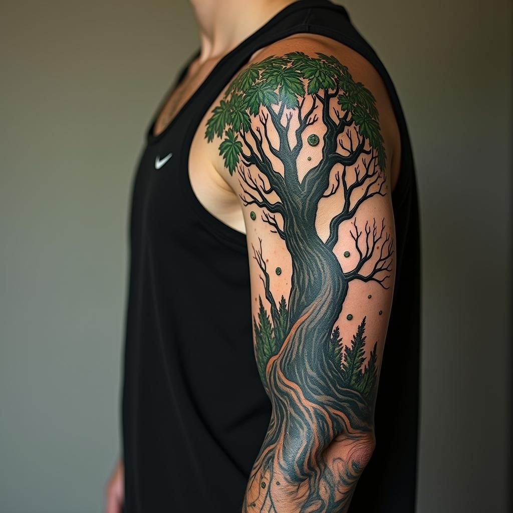 Boy's Tree Tattoo Sleeve in Expressionist Style