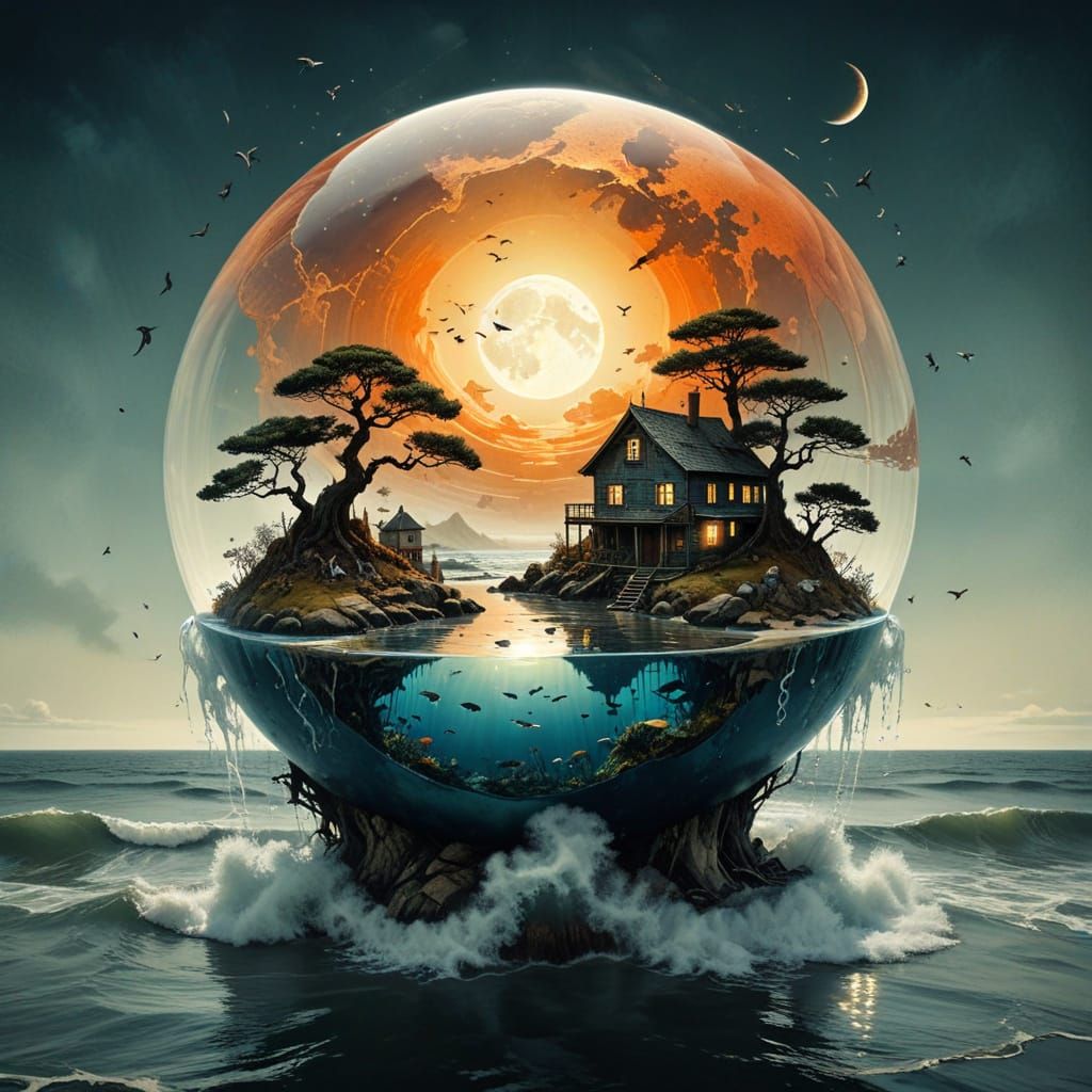 Surreal Sumi-e Ink Painting: Victorian Village Moon Aquarium