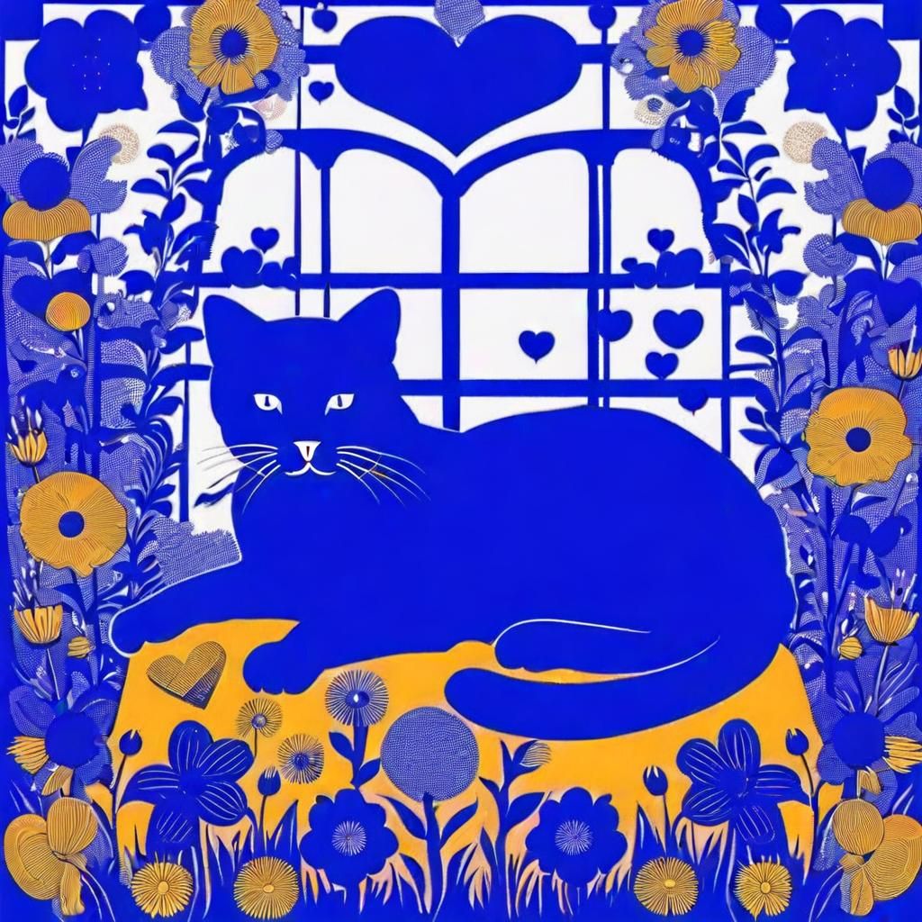 Cat Surrounded by Flowers in Klein Blue