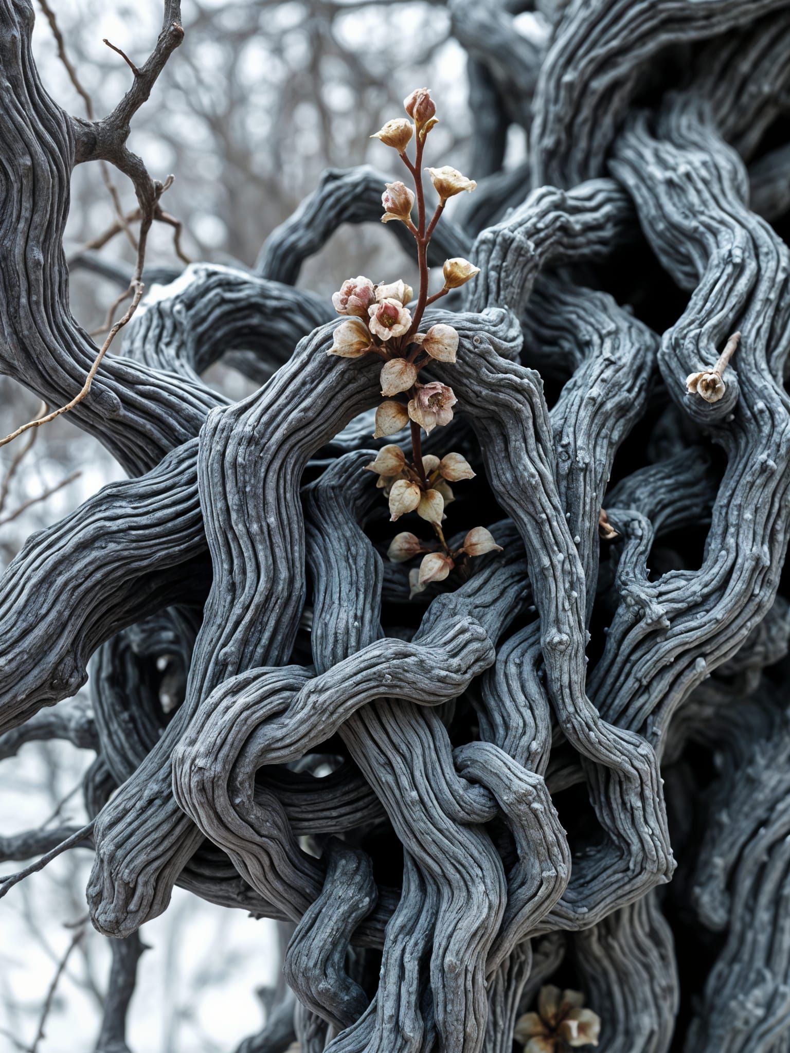 Vines Unveil Secrets in Winter's Grey Hush
