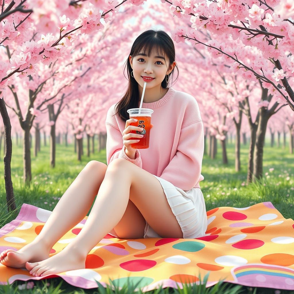 Japanese Girl in Cherry Blossom Forest Delight
