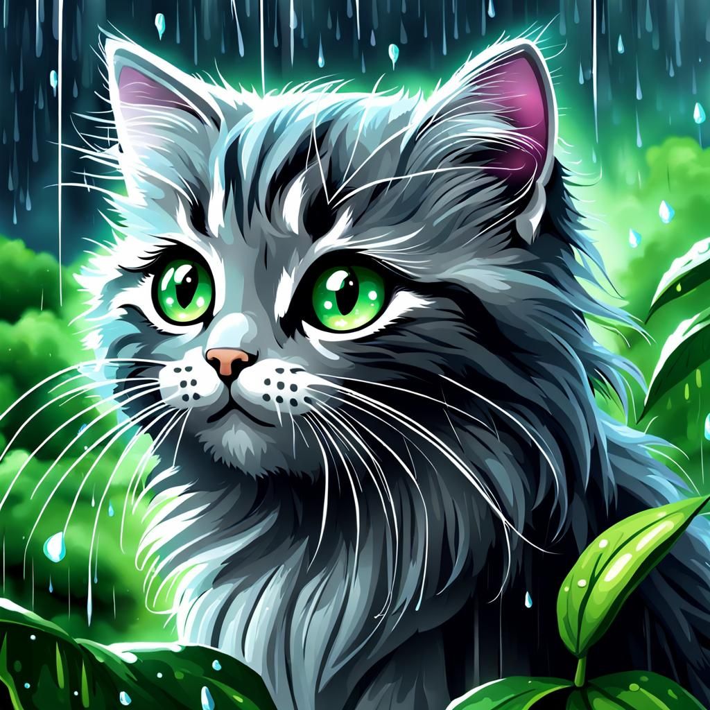Kitten with Wings in Rain: Photorealistic Artwork