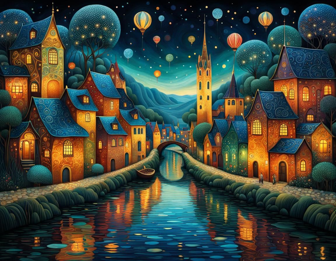 Fantasy River Town Illustration in Klimt Style