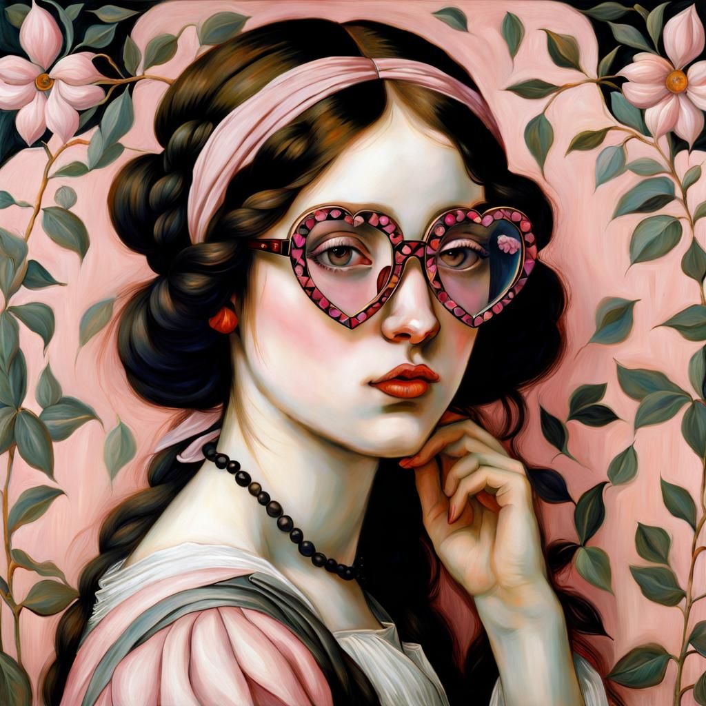 Emo Girl with Heart Glasses, Klimt-Inspired Portrait