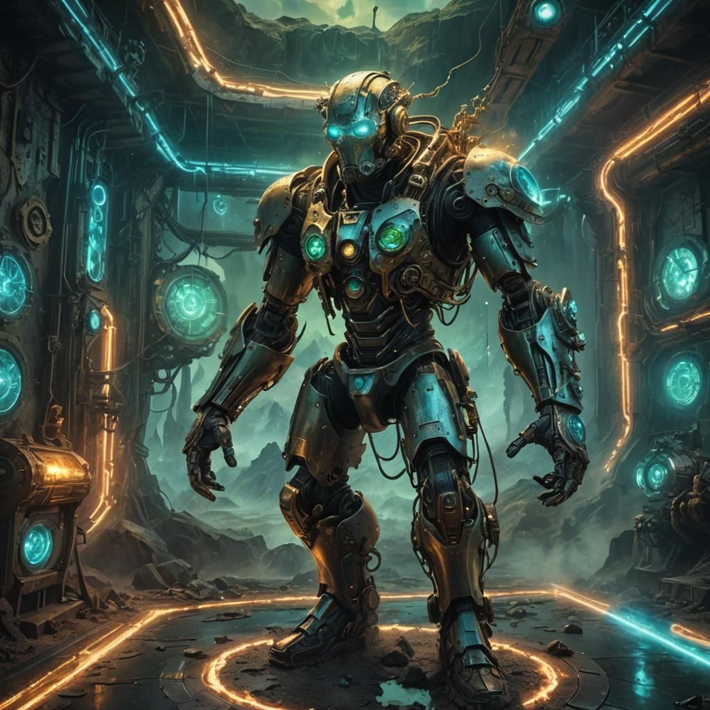 Steampunk Cyborg Ziplining Through Mountain Valley