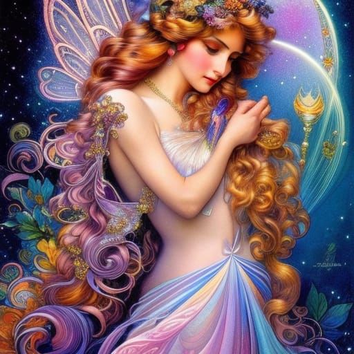 Opalescent Rainbow Fairy Princess in Art Nouveau Style