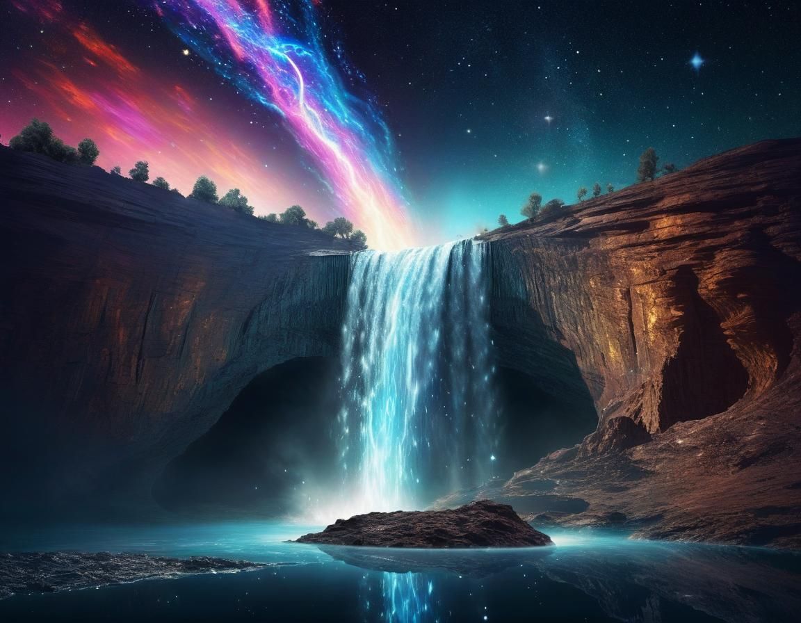 Surreal Waterfall in Space: Time and Celestial Phenomena