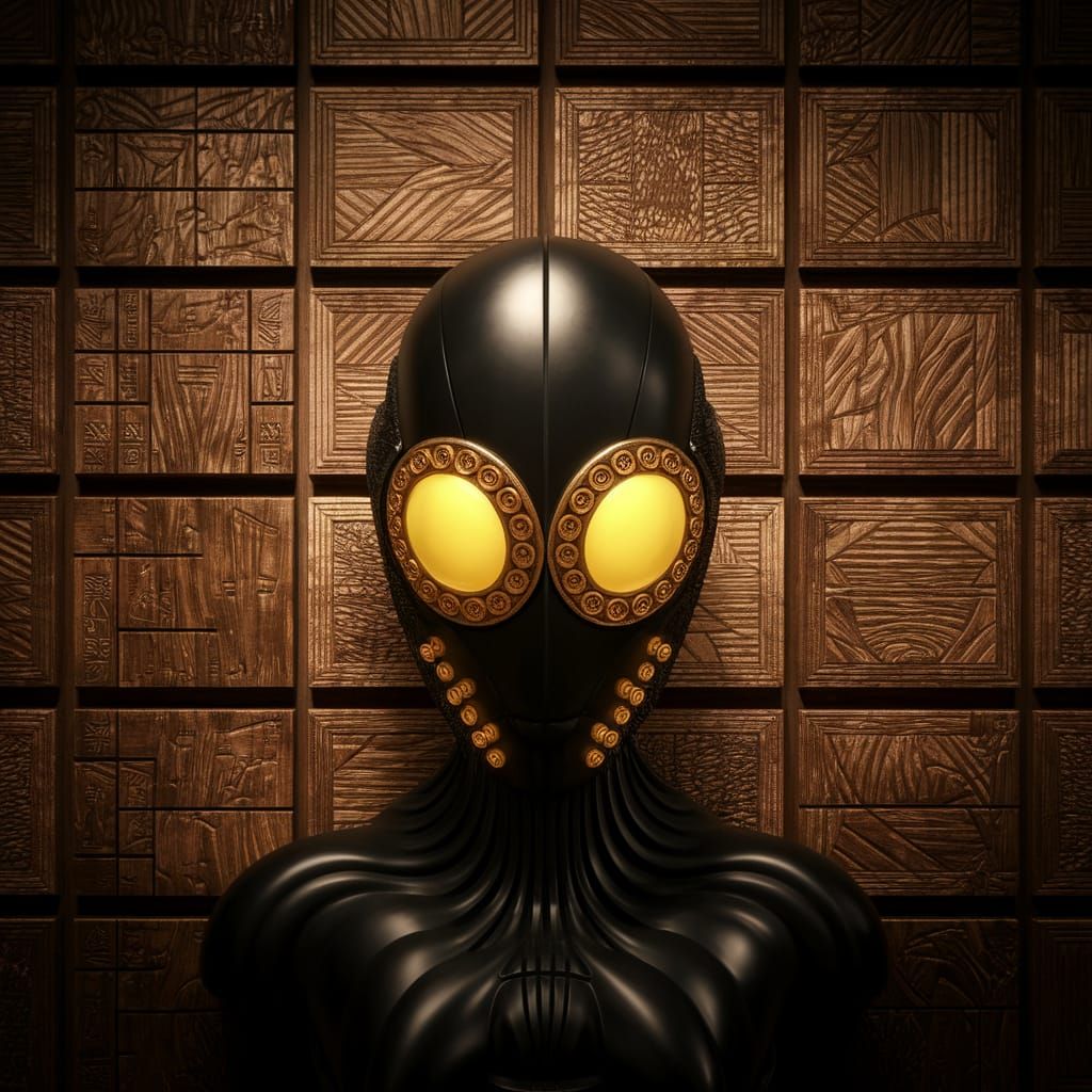 Futuristic African Alien Mask in Black Wood with Geometric P...