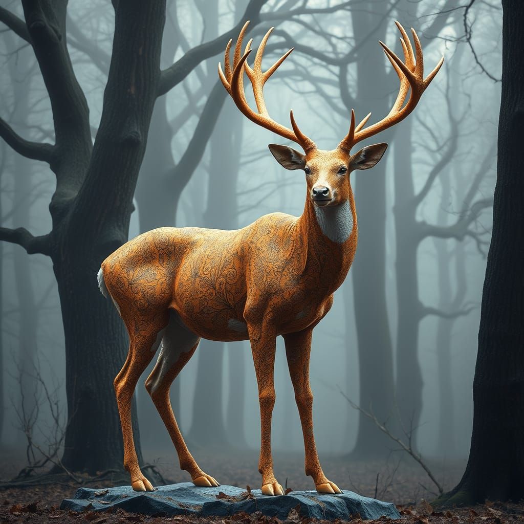 Majestic Deer in a Misty, Fractal Forest