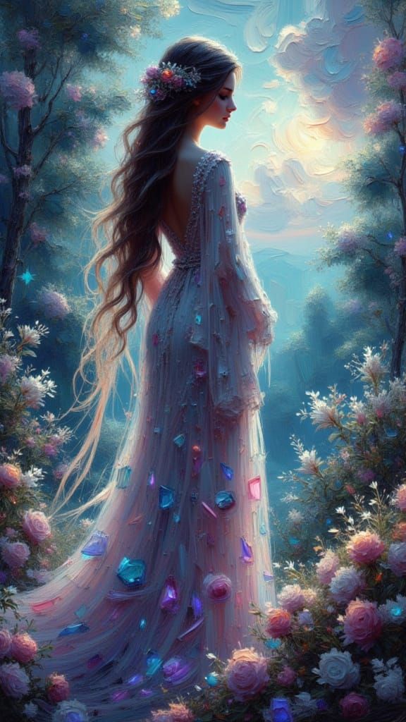 Ethereal Woman in Bioluminescent Forest, Art Nouveau Style