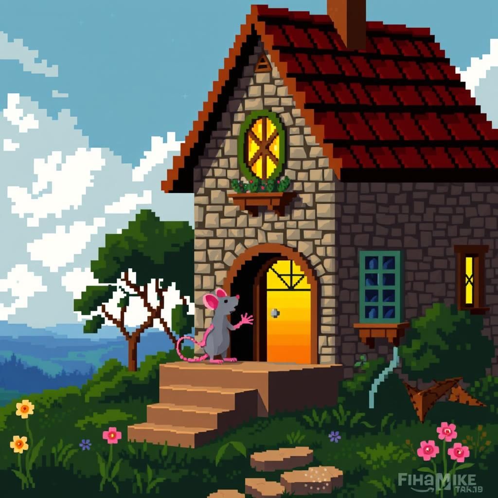 Pixelated Mouse in House: Pixel Art
