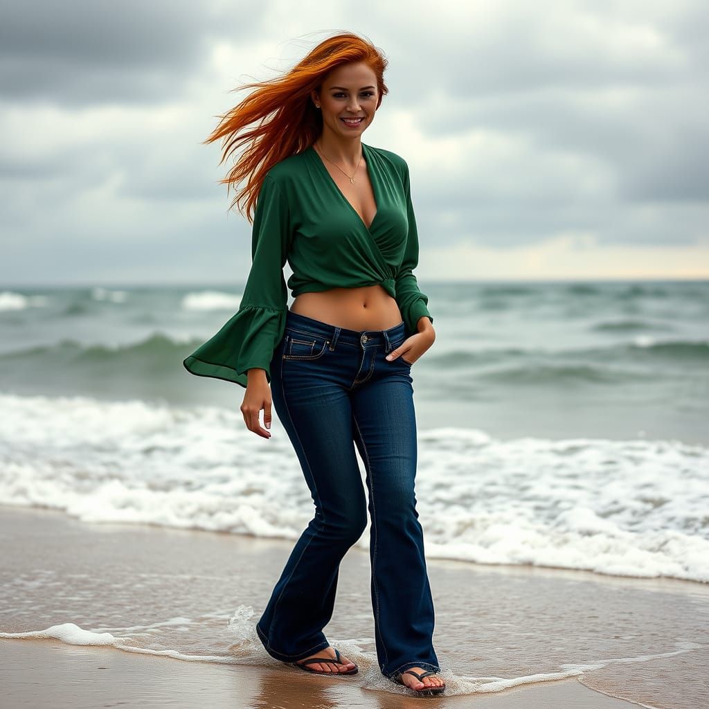 Athletic Woman Walks on Stormy Beach: Photorealistic Detail
