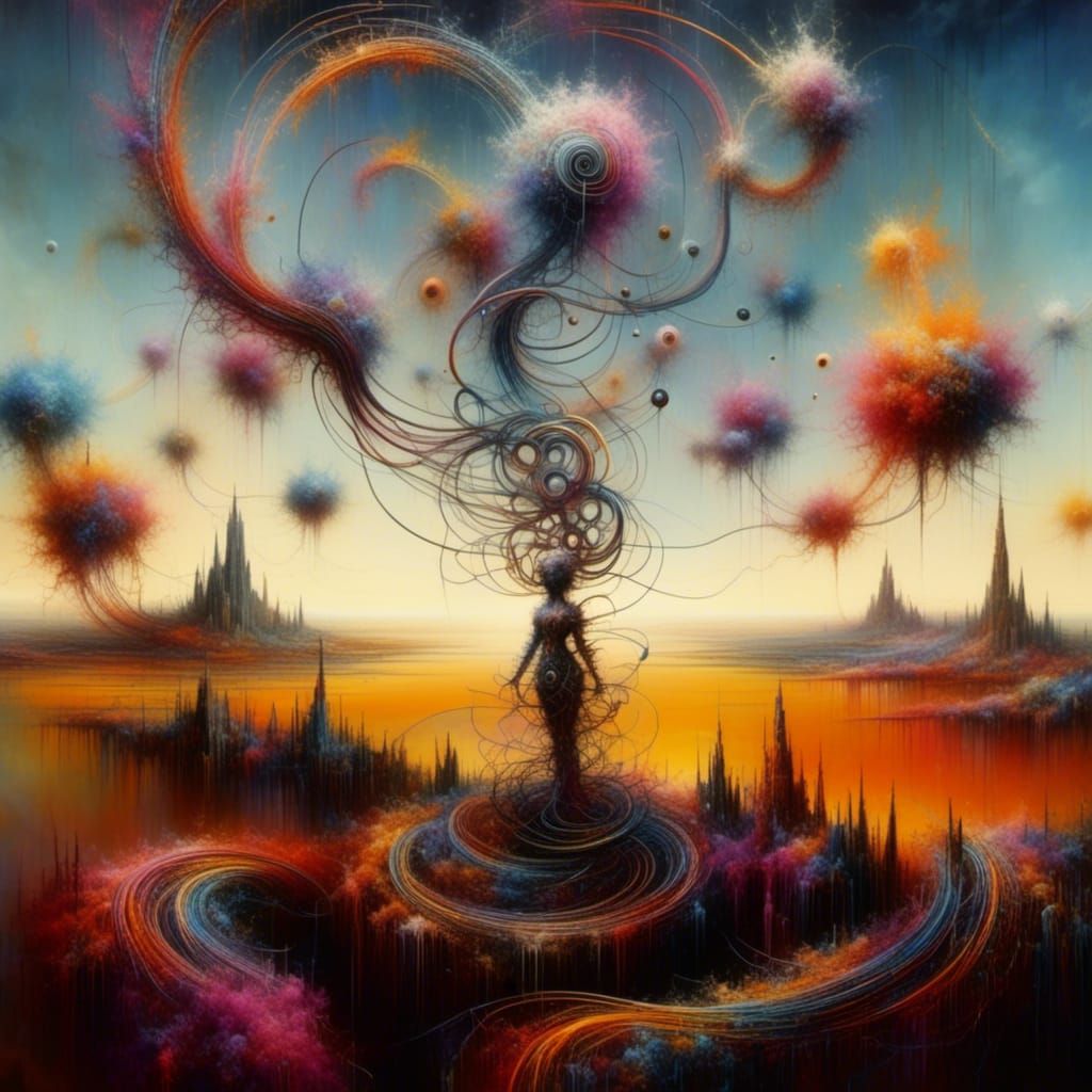 Surreal Landscape with Elastic Flora and Metallic Sky