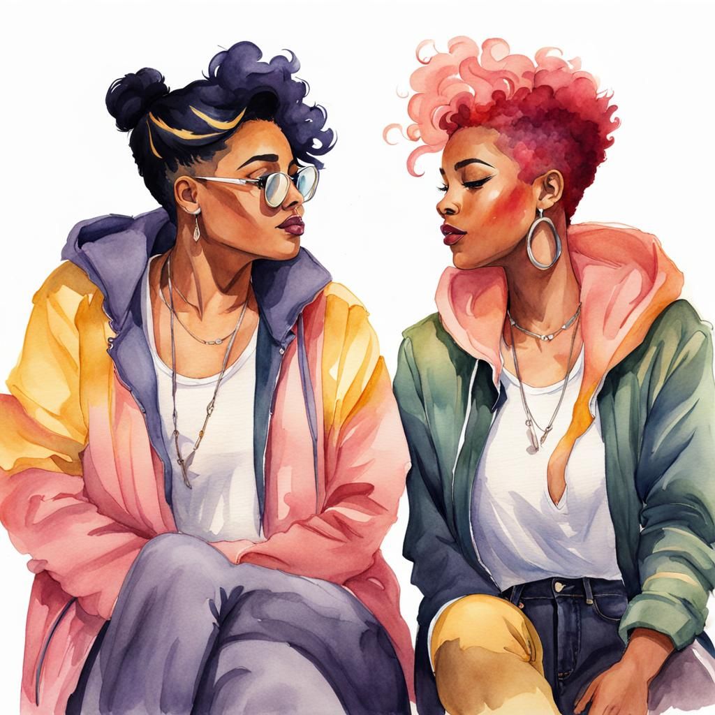Watercolor Concept Art of Nonbinary Lesbian Couple