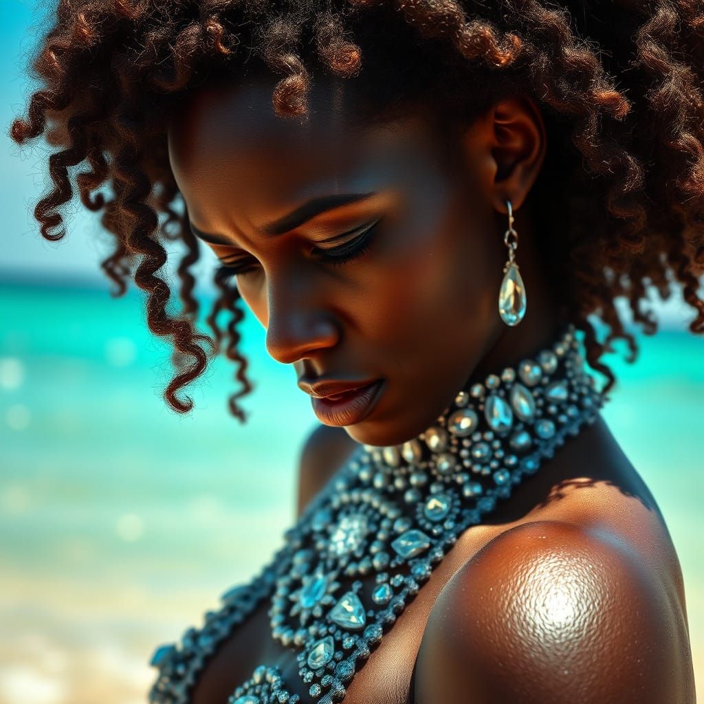 Hyperrealistic Goddess in Tears of Ice Bodysuit on Beach