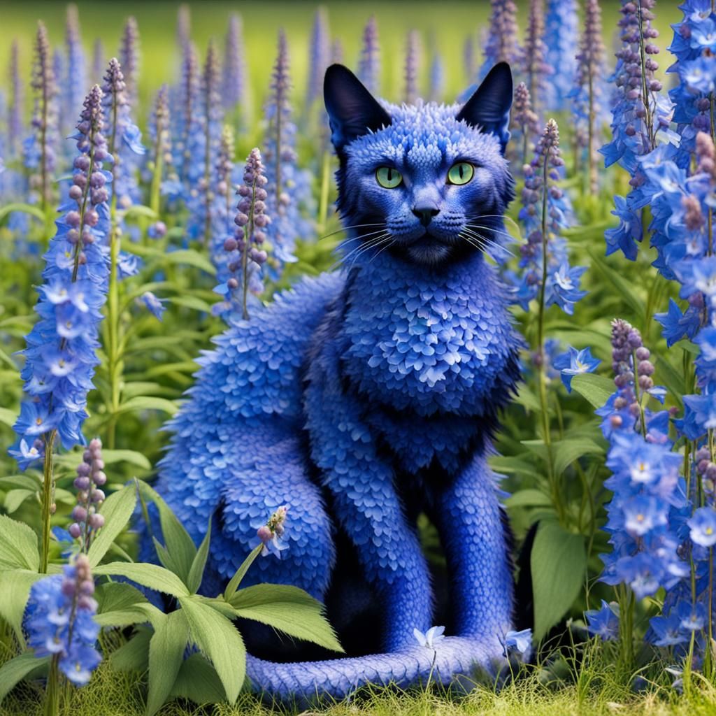Blue Dragon Cat in a Delphinium Field