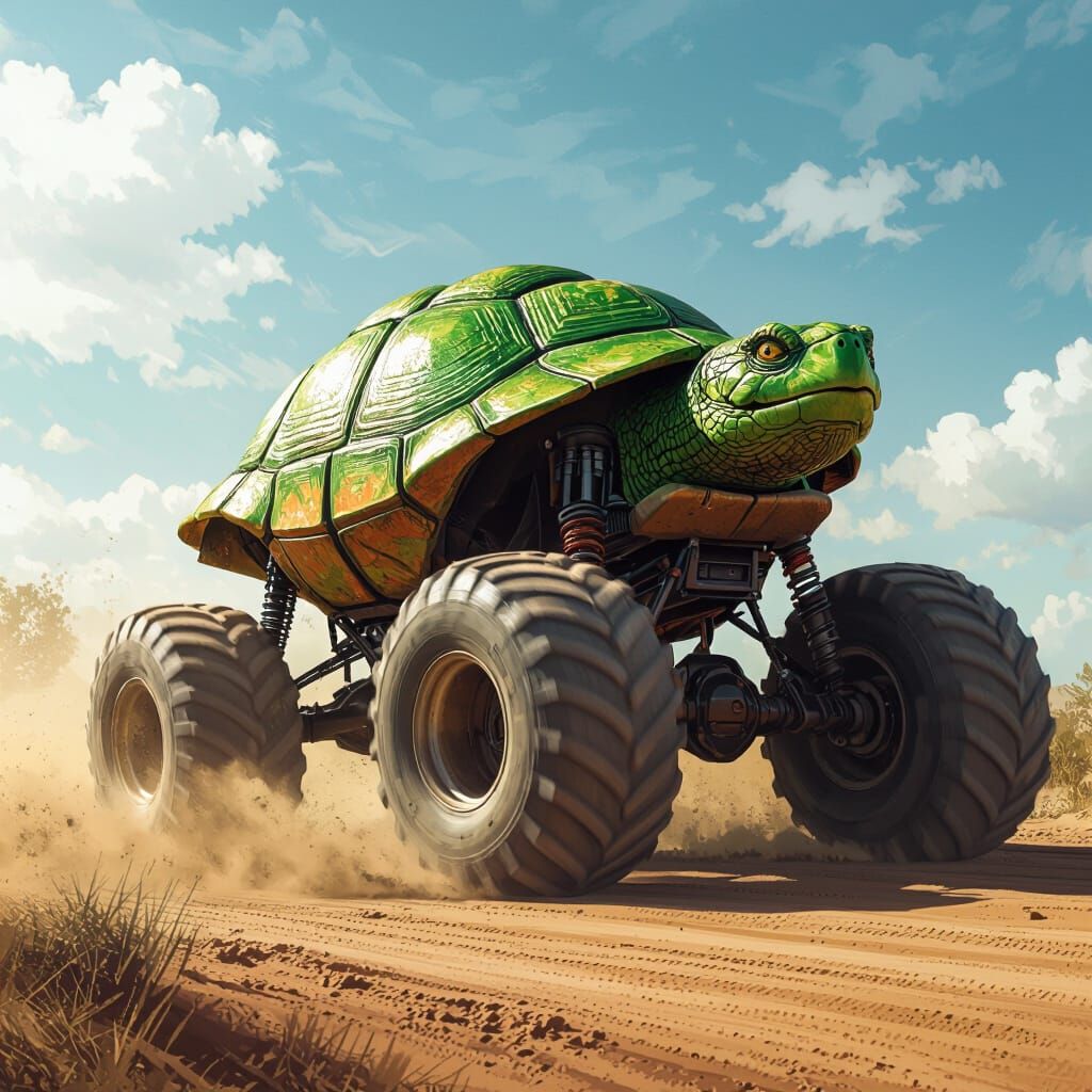 Turtle Monster Truck Kicking Up Dust