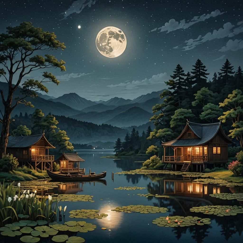 Moonlit Lake at Night with Wooden Structures