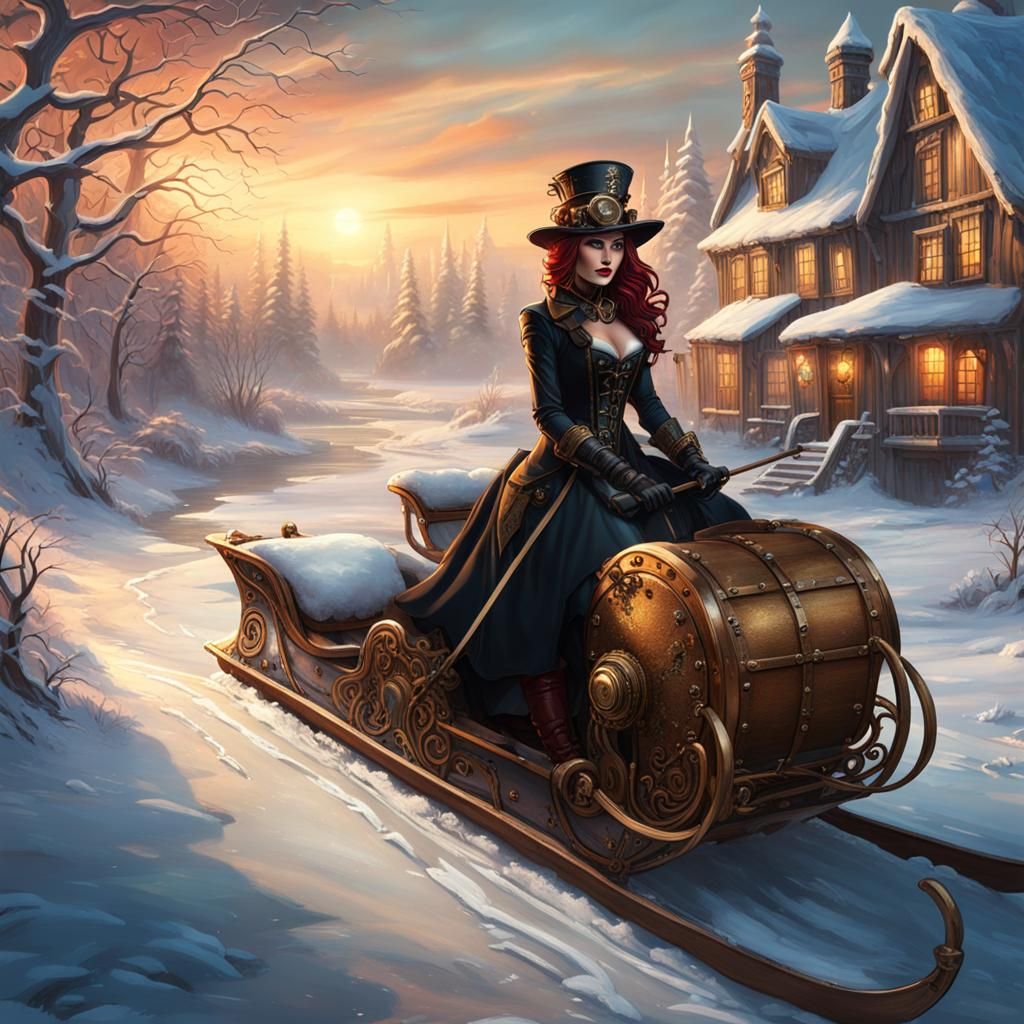 Steampunk Woman Rides Sledge in Winter Wonderland