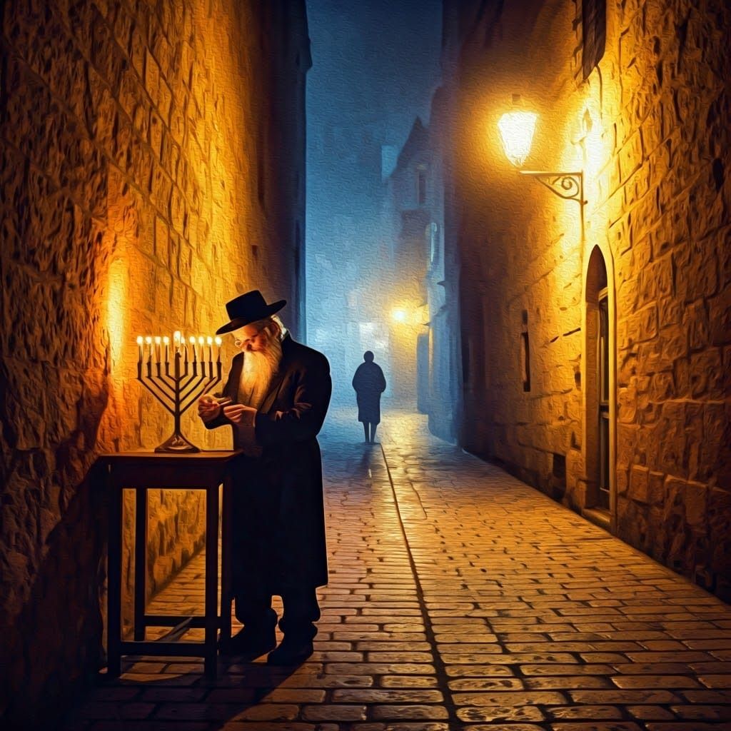 Elderly Man Lights Menorah in Mysterious Alleyway Scene