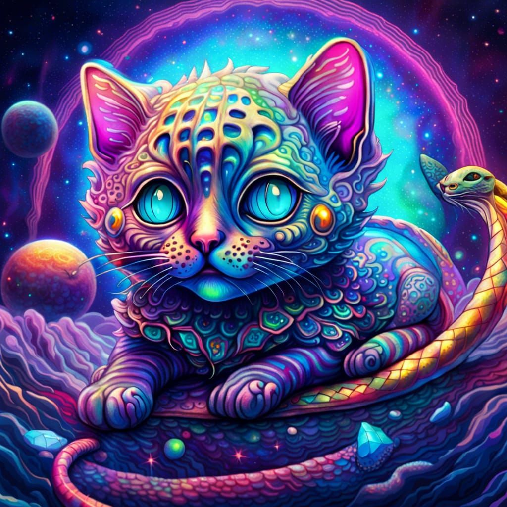 Cosmic Serpent Cat Astral Projection in Vibrant Illustration