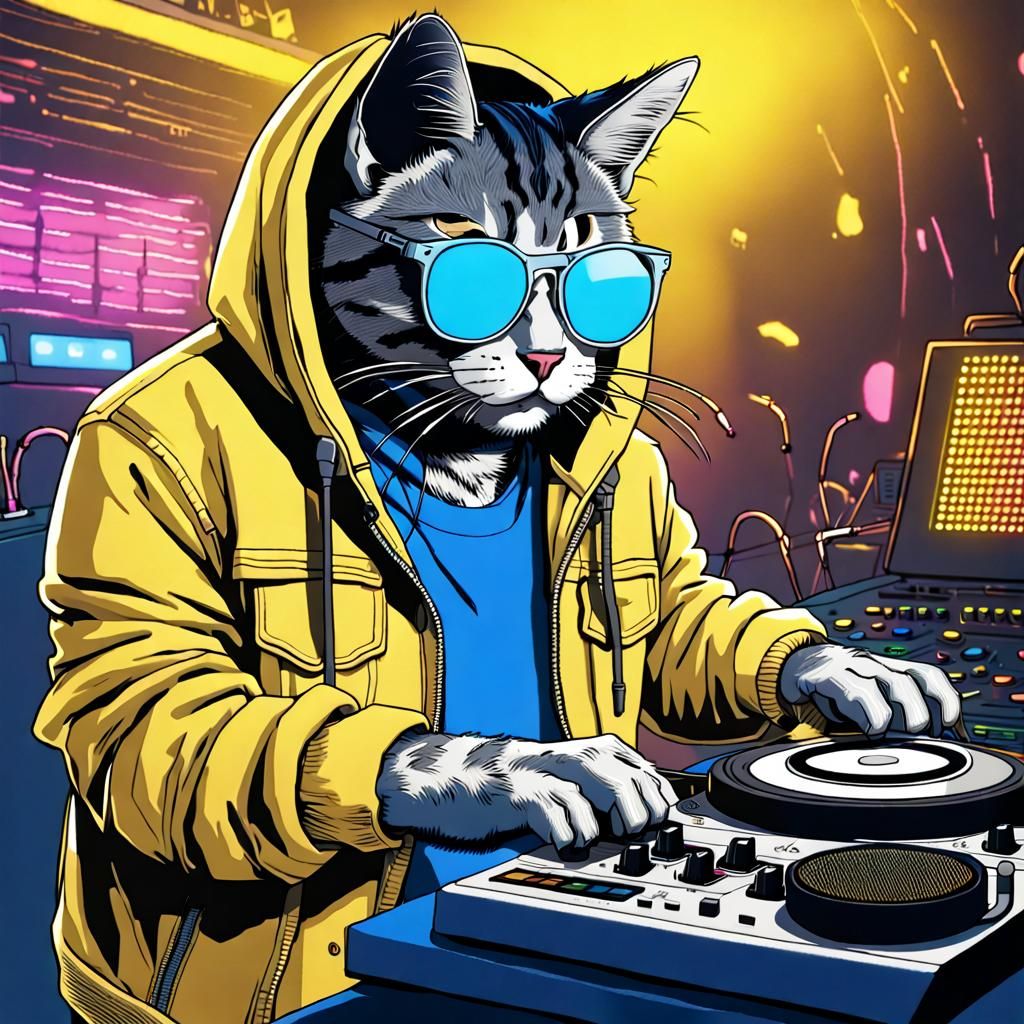 Cool Cat DJ Mixing Tracks in Neon Club