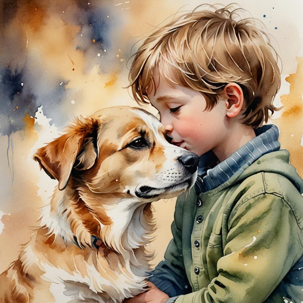 Boy and Dog Kiss in Watercolor Style