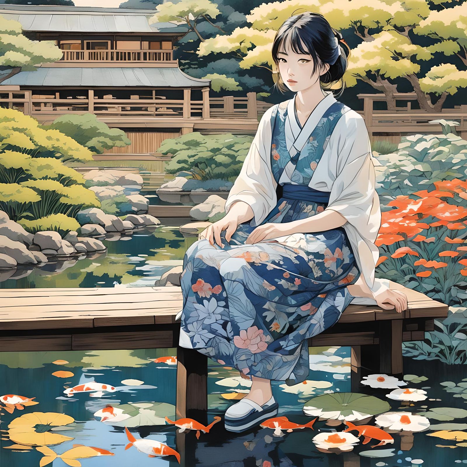 Girl in Japanese Garden, Woodblock Print Style