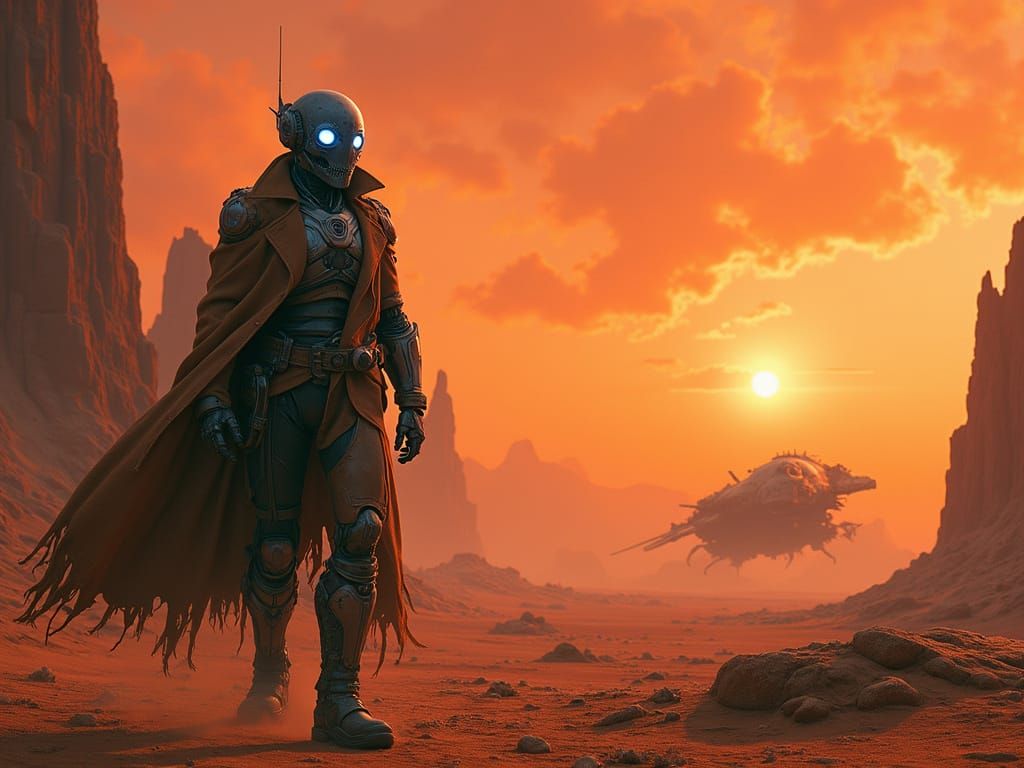 Cyborg Bounty Hunter Stands Silhouetted Against Crimson Suns...