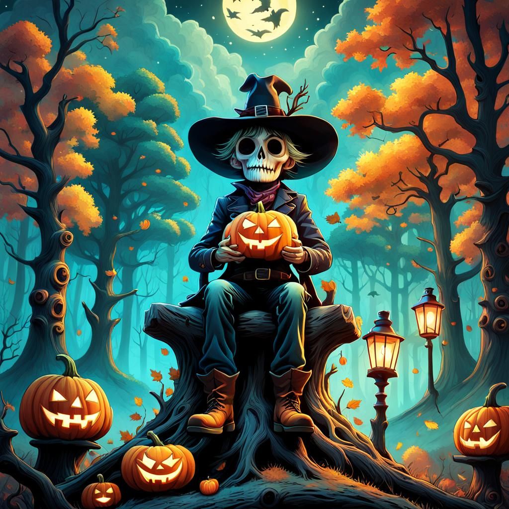 Cowboy with Jack-o'-Lantern Head in Pop Surrealism Style