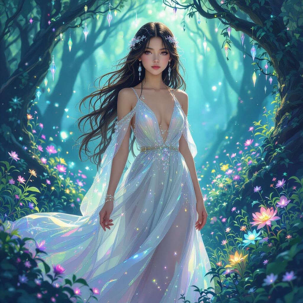 Bioluminescent Forest Person in Art Nouveau Style