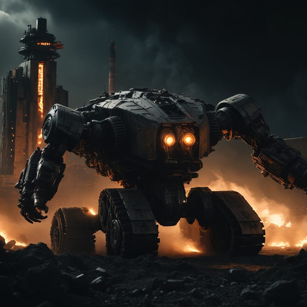 Colossal War Machine on Desolate Battlefield in Brutalist St...