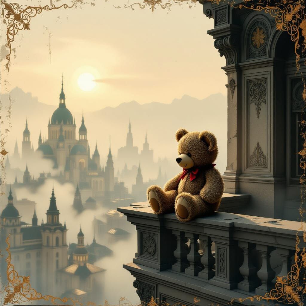 Teddy Bear on Art Nouveau Balcony Overlooking Misty Cityscap...