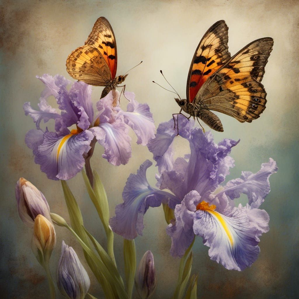 Butterflies and Iris flowers