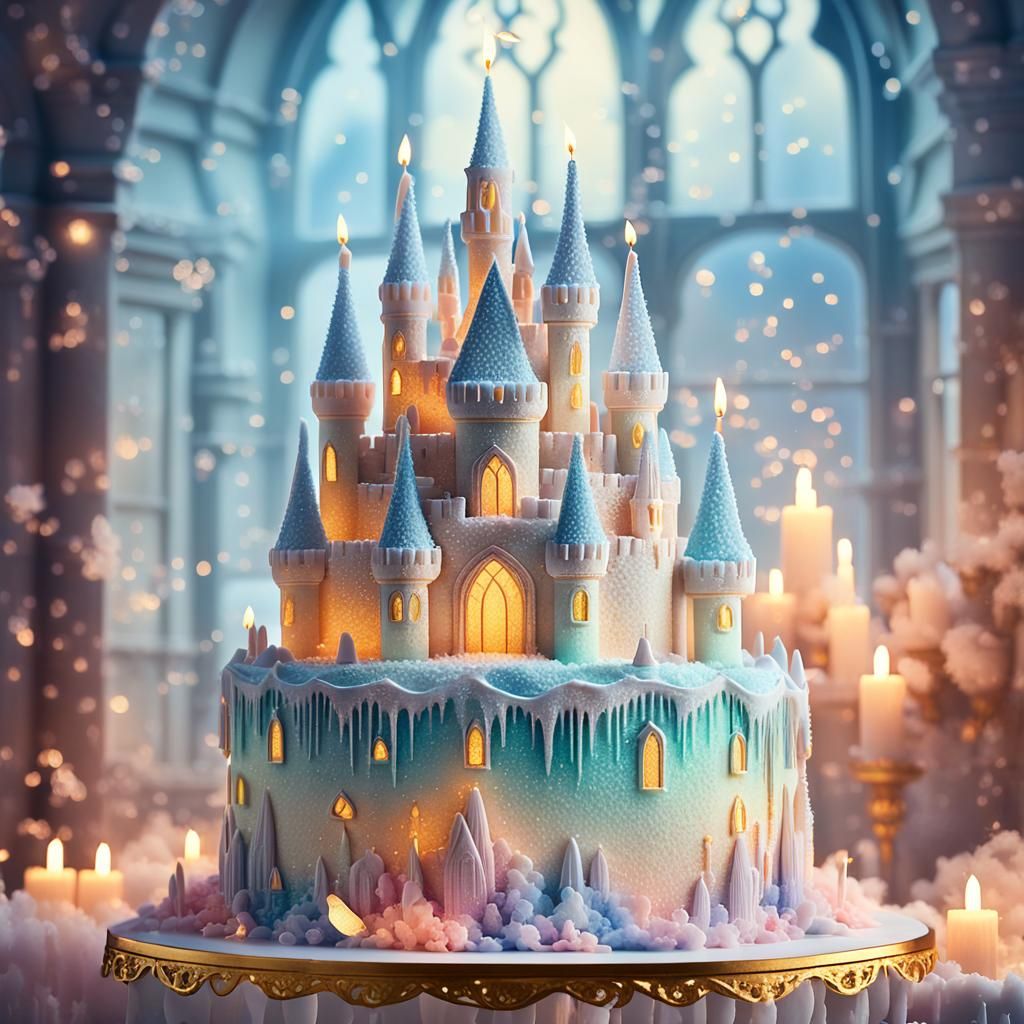 Ornate Castle Birthday Cake in Ethereal Digital Art