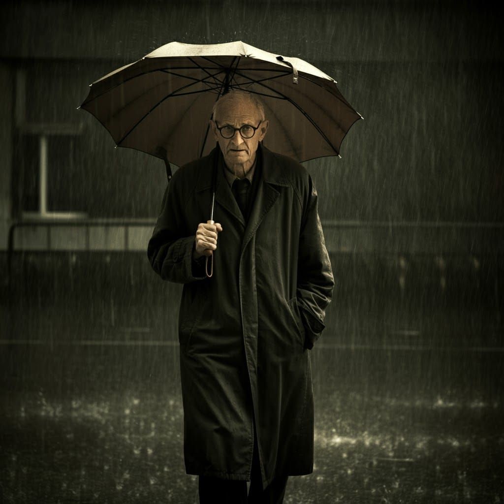 Elderly Man Walking in Rain, Cinematic Portrait