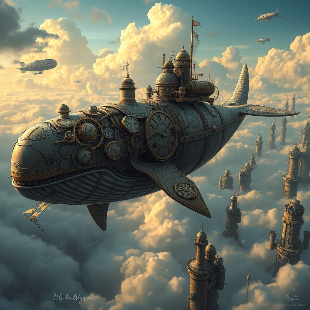 Steampunk Beluga Whale with Clockwork Brass Amidst Floating ...