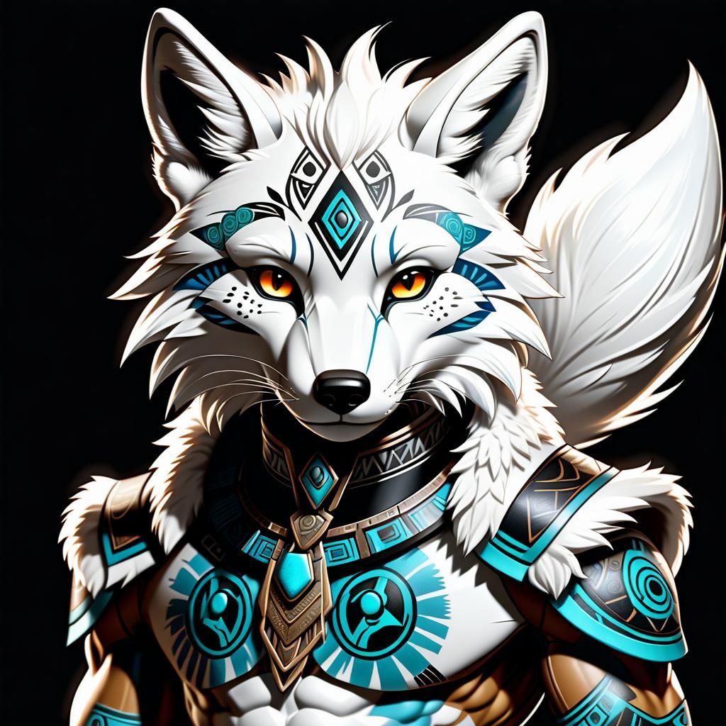 White Fox Warrior in Anime Tribal Art Style