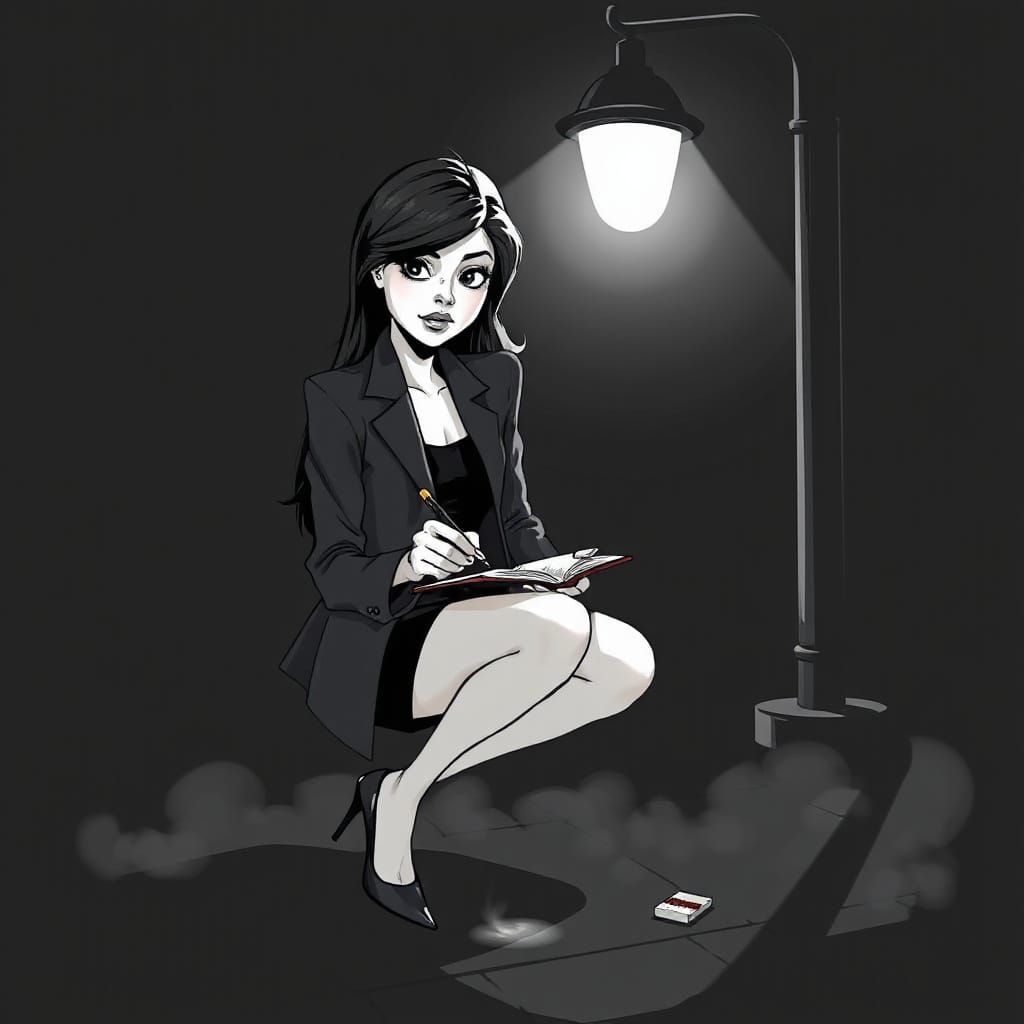 Noir Detective in Black and White Cartoon Style