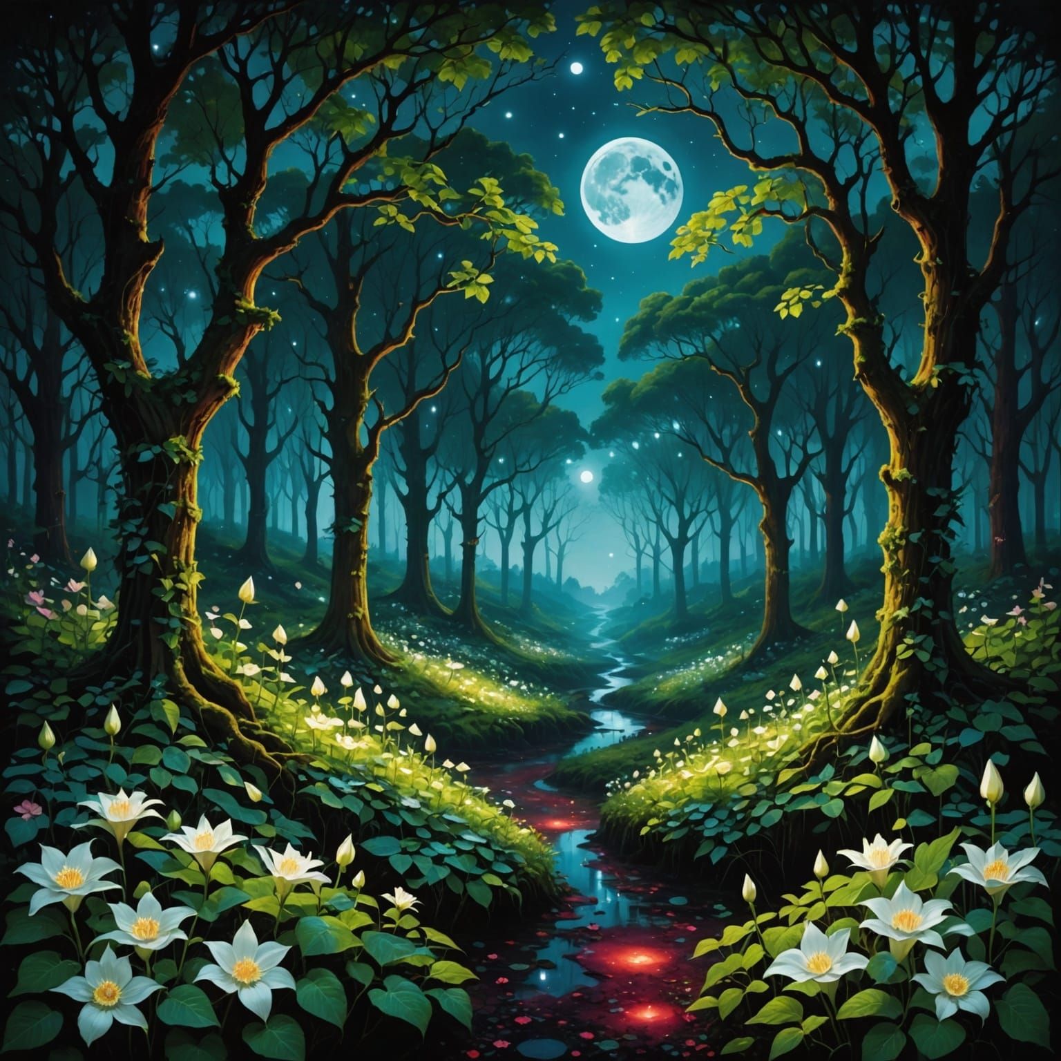 Surreal Forest Clearing Illuminated by Blood Moonlight in Cy...