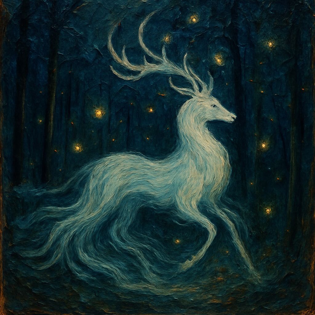 Encaustic Painting: Flowing White Stag in Forest