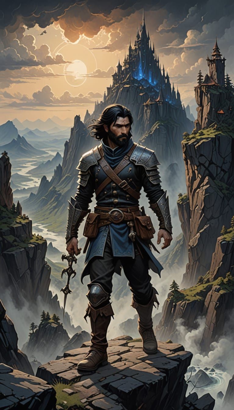 Prince on a Perilous Rope Bridge Amidst Dark Mountains