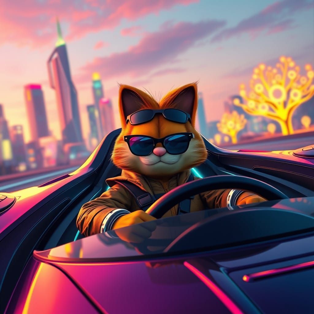 Futuristic Garfield Speeds Through Neon City