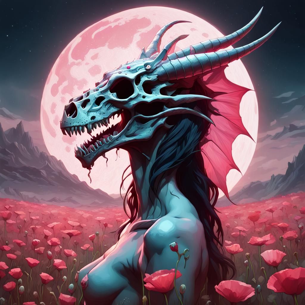 Dragon Skull in Poppy Field Under Moon