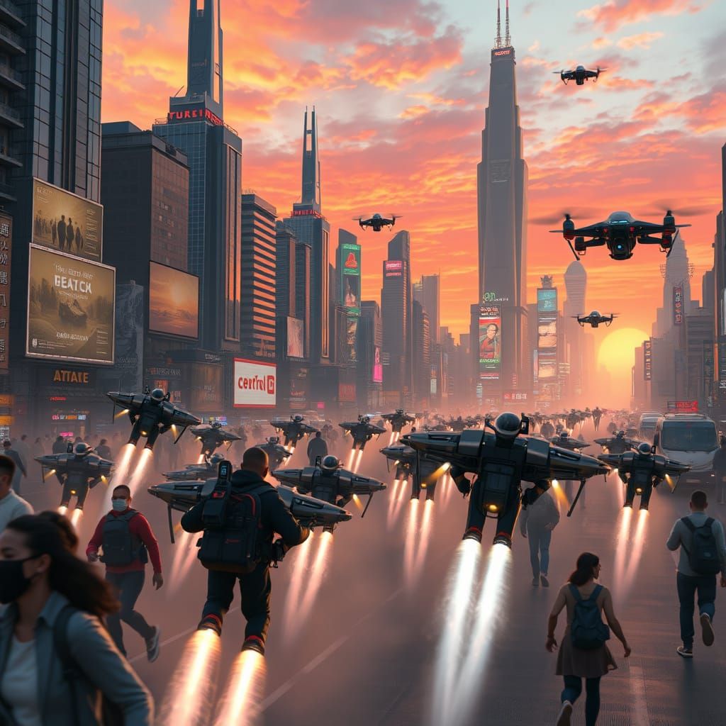 Futuristic Cityscape in Vibrant Sunset Hues