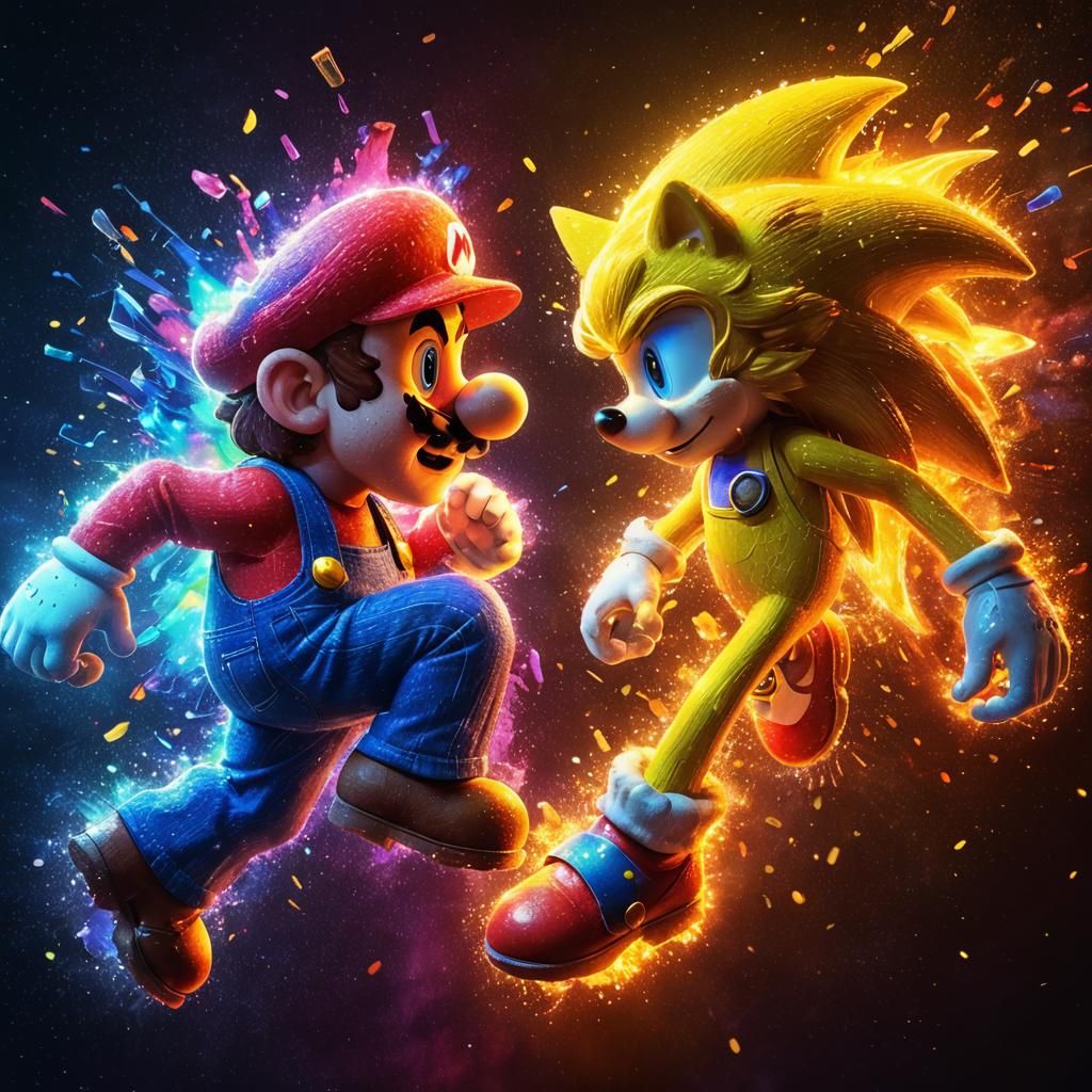 Glowing Mario and Sonic in Pixar-Style 3D Animation