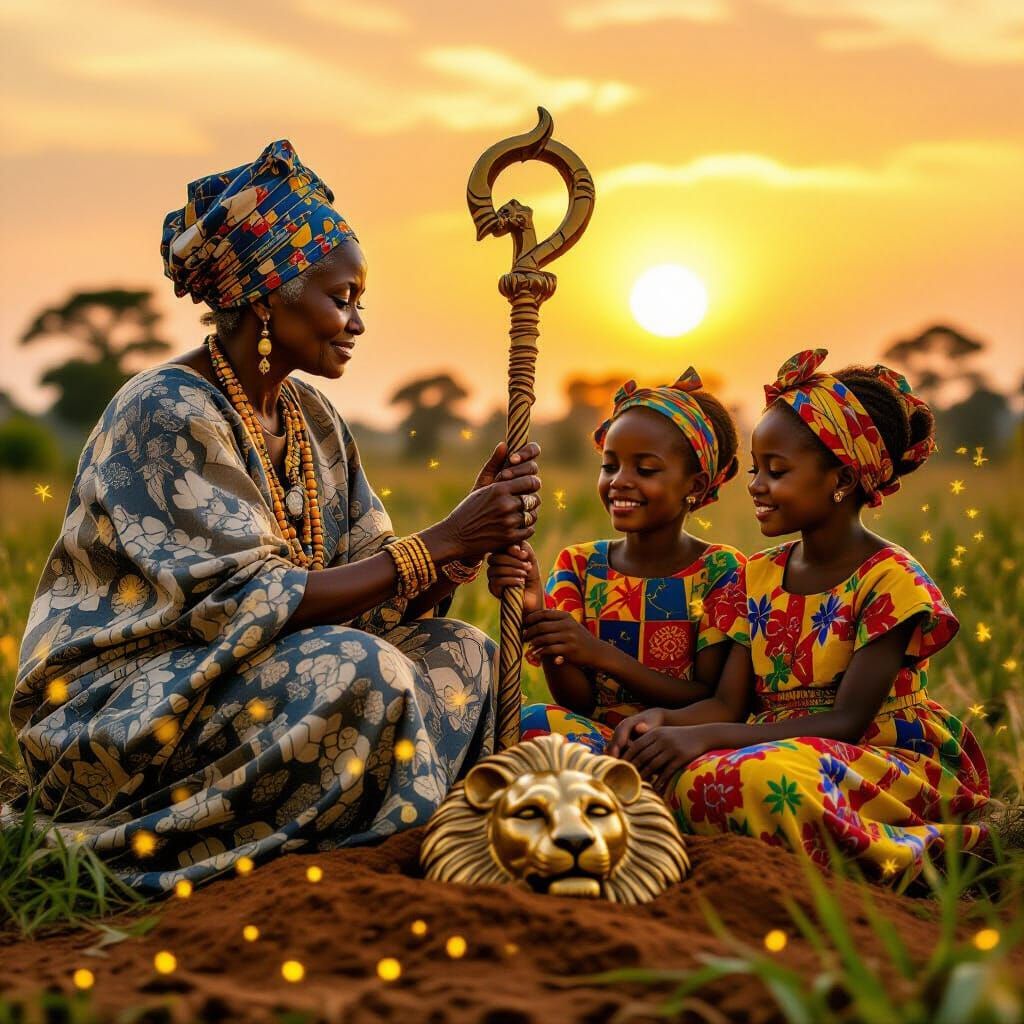 African Mother and Daughters at Grave, Golden Sunset