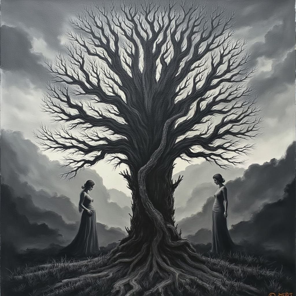 Monochromatic Women Transform Into Tree in Brutalist Style