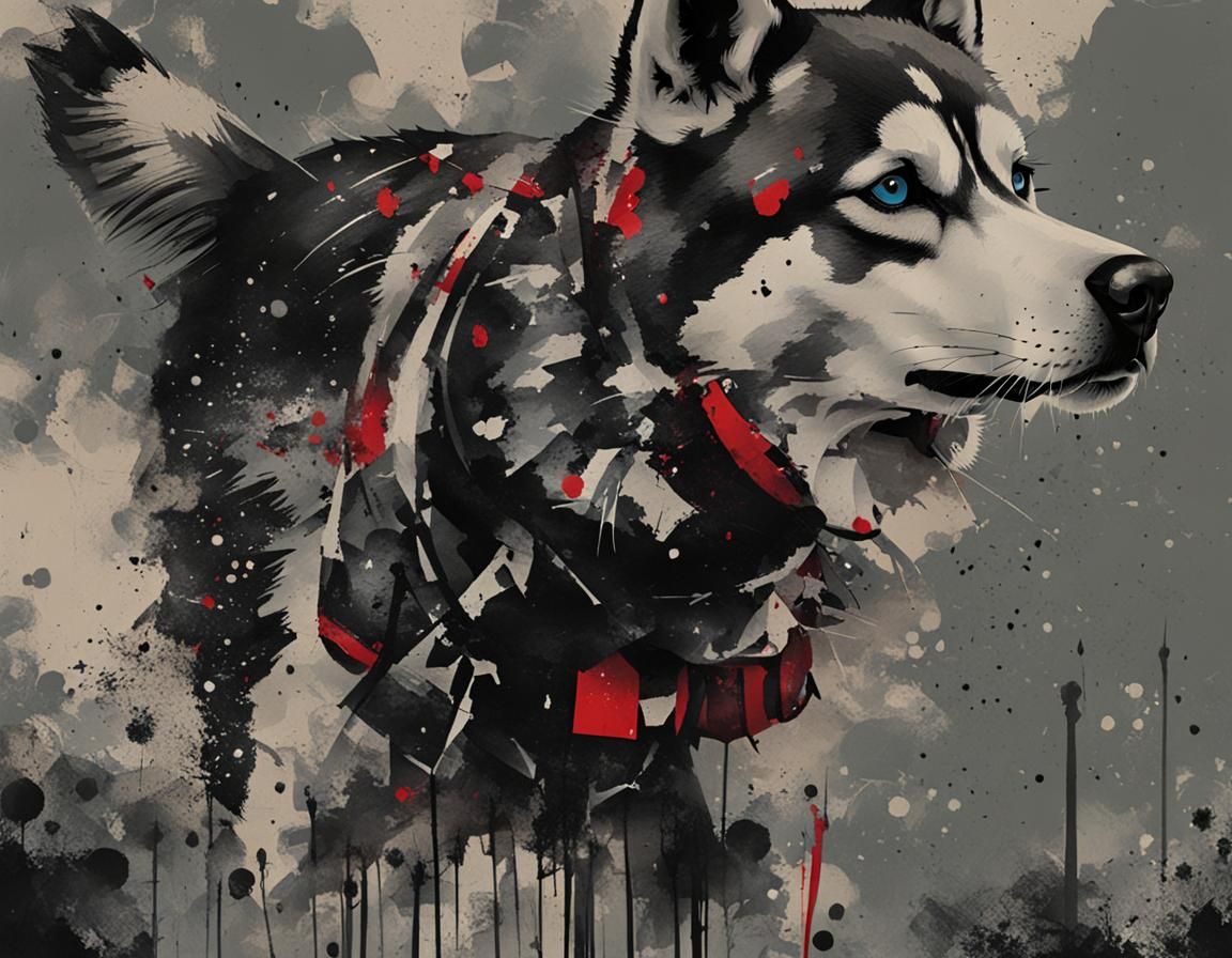 Husky in Trash Polka Tattoo Style